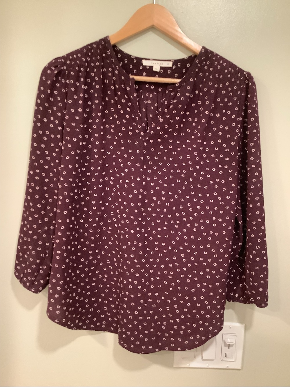 fun 2 fun Plum Dot Print Split-Neck Blouse